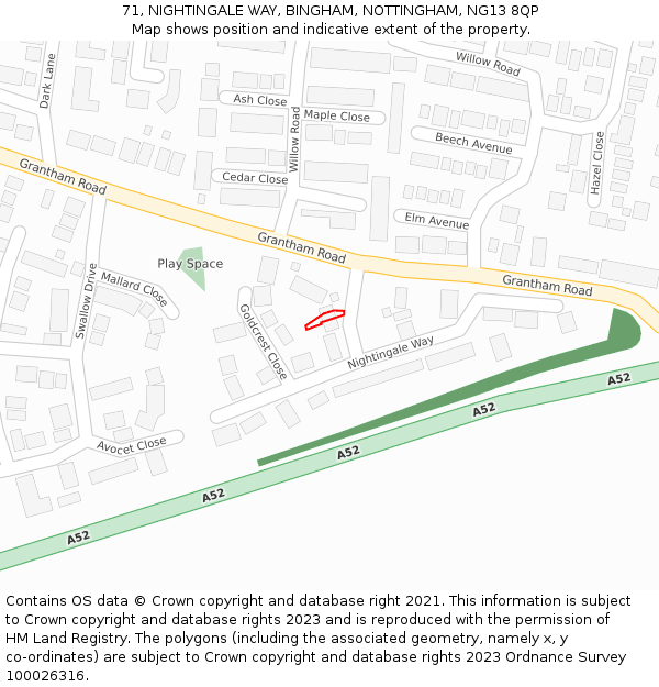 71, NIGHTINGALE WAY, BINGHAM, NOTTINGHAM, NG13 8QP: Location map and indicative extent of plot