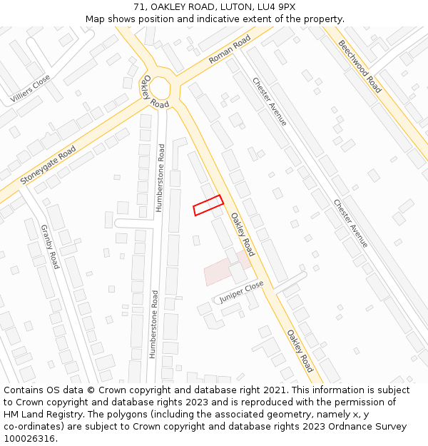 71, OAKLEY ROAD, LUTON, LU4 9PX: Location map and indicative extent of plot