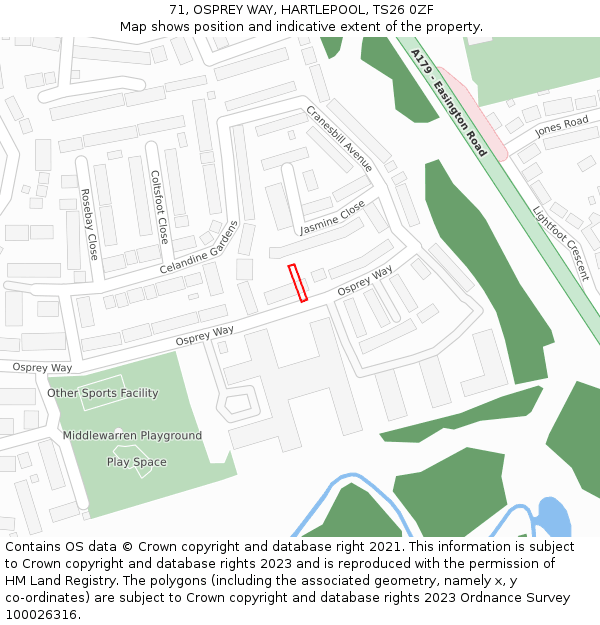 71, OSPREY WAY, HARTLEPOOL, TS26 0ZF: Location map and indicative extent of plot