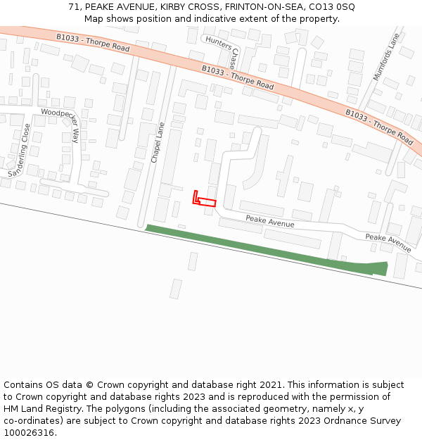 71, PEAKE AVENUE, KIRBY CROSS, FRINTON-ON-SEA, CO13 0SQ: Location map and indicative extent of plot