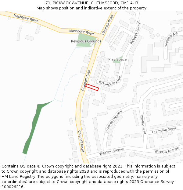 71, PICKWICK AVENUE, CHELMSFORD, CM1 4UR: Location map and indicative extent of plot