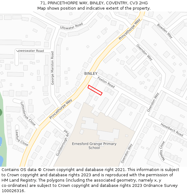 71, PRINCETHORPE WAY, BINLEY, COVENTRY, CV3 2HG: Location map and indicative extent of plot