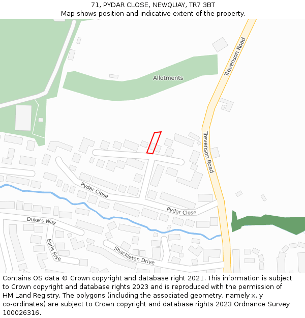 71, PYDAR CLOSE, NEWQUAY, TR7 3BT: Location map and indicative extent of plot