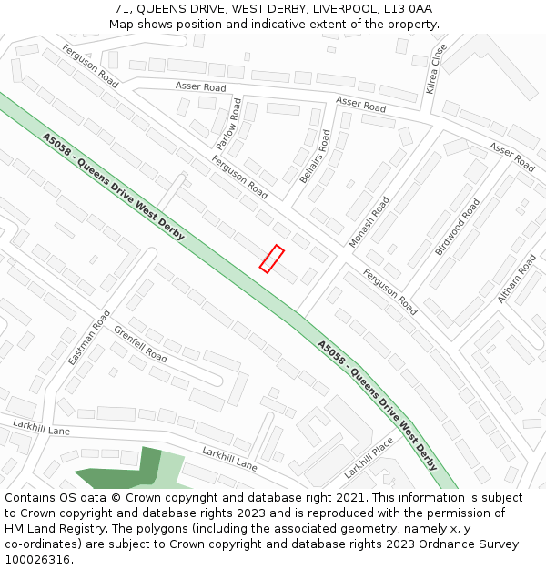 71, QUEENS DRIVE, WEST DERBY, LIVERPOOL, L13 0AA: Location map and indicative extent of plot