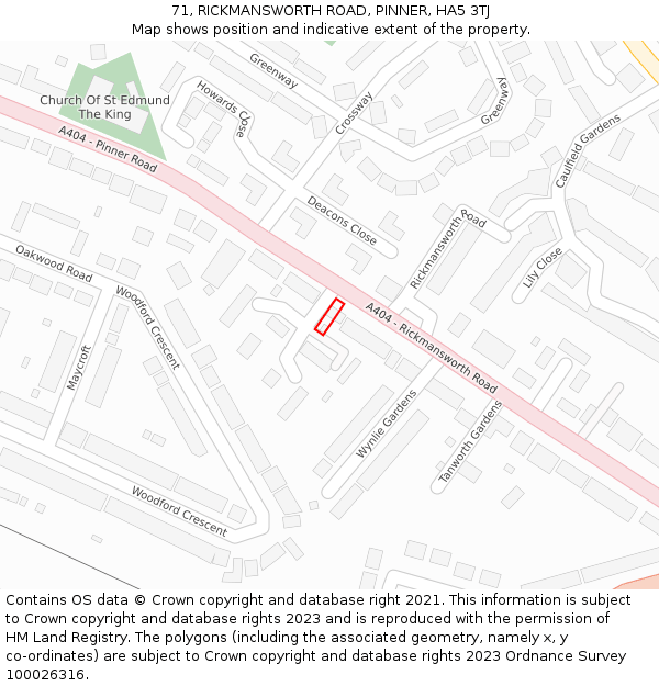 71, RICKMANSWORTH ROAD, PINNER, HA5 3TJ: Location map and indicative extent of plot