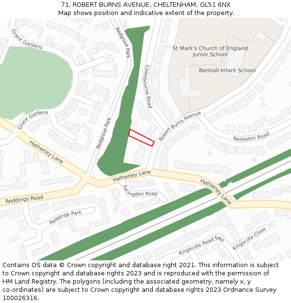 71, ROBERT BURNS AVENUE, CHELTENHAM, GL51 6NX: Location map and indicative extent of plot