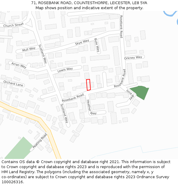 71, ROSEBANK ROAD, COUNTESTHORPE, LEICESTER, LE8 5YA: Location map and indicative extent of plot