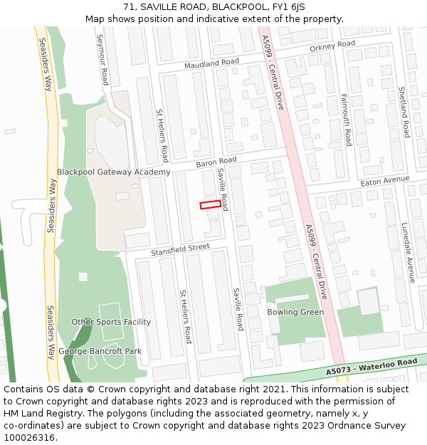 71, SAVILLE ROAD, BLACKPOOL, FY1 6JS: Location map and indicative extent of plot