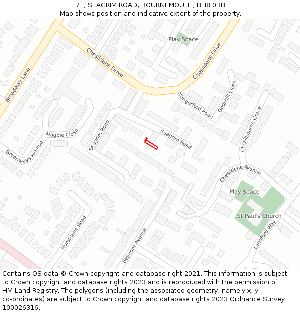 71, SEAGRIM ROAD, BOURNEMOUTH, BH8 0BB: Location map and indicative extent of plot