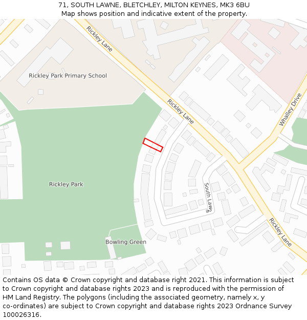 71, SOUTH LAWNE, BLETCHLEY, MILTON KEYNES, MK3 6BU: Location map and indicative extent of plot