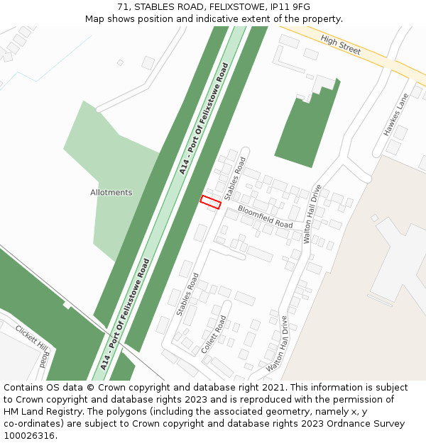 71, STABLES ROAD, FELIXSTOWE, IP11 9FG: Location map and indicative extent of plot