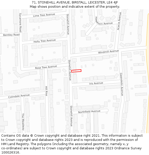 71, STONEHILL AVENUE, BIRSTALL, LEICESTER, LE4 4JF: Location map and indicative extent of plot