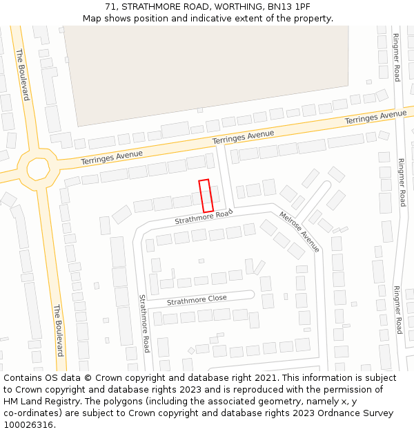 71, STRATHMORE ROAD, WORTHING, BN13 1PF: Location map and indicative extent of plot