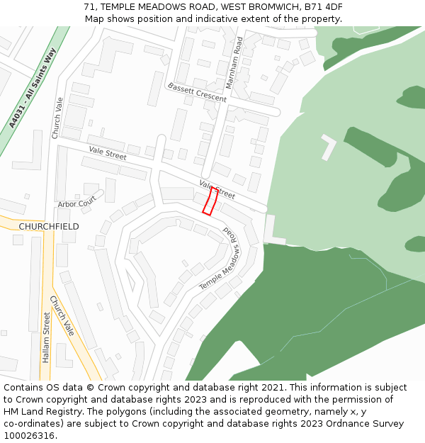 71, TEMPLE MEADOWS ROAD, WEST BROMWICH, B71 4DF: Location map and indicative extent of plot