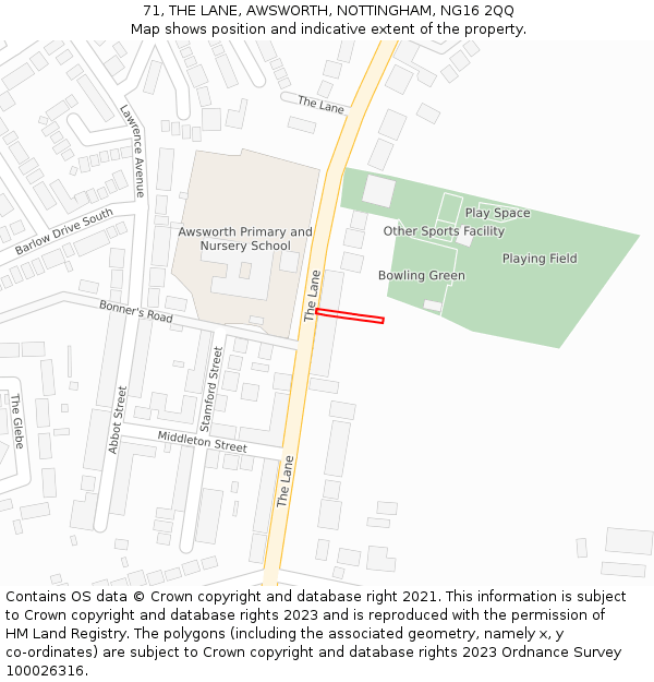 71, THE LANE, AWSWORTH, NOTTINGHAM, NG16 2QQ: Location map and indicative extent of plot