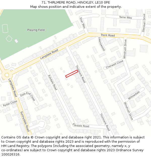 71, THIRLMERE ROAD, HINCKLEY, LE10 0PE: Location map and indicative extent of plot