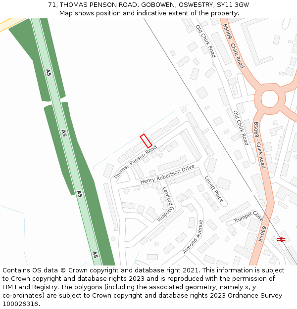 71, THOMAS PENSON ROAD, GOBOWEN, OSWESTRY, SY11 3GW: Location map and indicative extent of plot