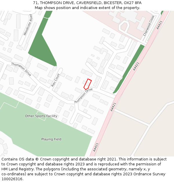 71, THOMPSON DRIVE, CAVERSFIELD, BICESTER, OX27 8FA: Location map and indicative extent of plot