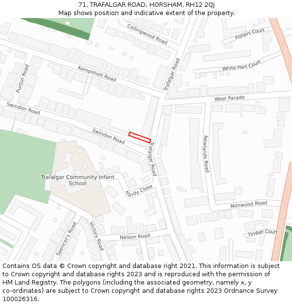 71, TRAFALGAR ROAD, HORSHAM, RH12 2QJ: Location map and indicative extent of plot