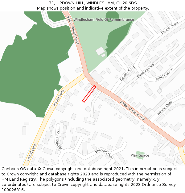 71, UPDOWN HILL, WINDLESHAM, GU20 6DS: Location map and indicative extent of plot