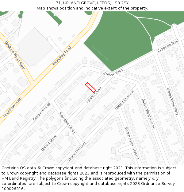 71, UPLAND GROVE, LEEDS, LS8 2SY: Location map and indicative extent of plot