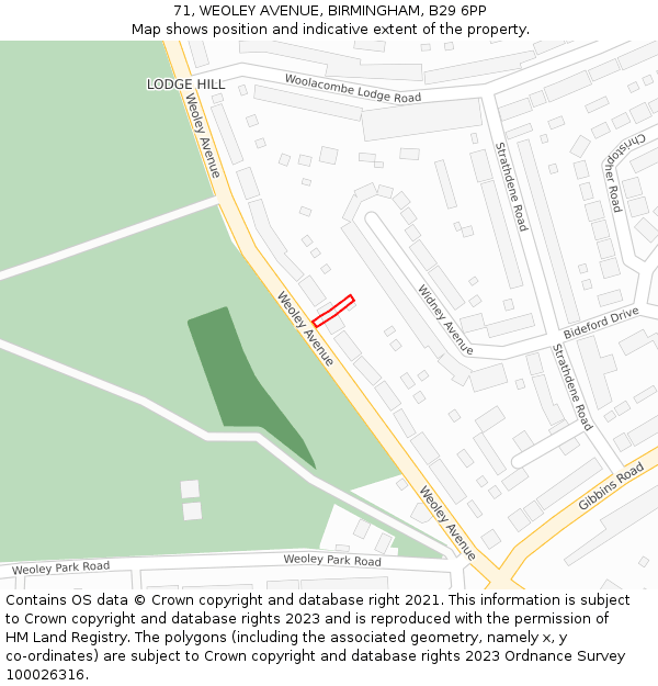 71, WEOLEY AVENUE, BIRMINGHAM, B29 6PP: Location map and indicative extent of plot