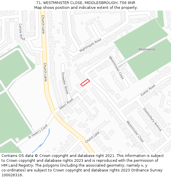 71, WESTMINSTER CLOSE, MIDDLESBROUGH, TS6 9NR: Location map and indicative extent of plot