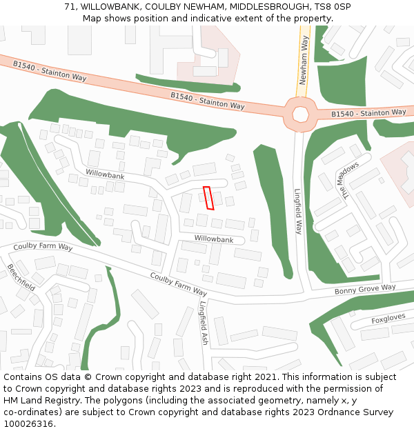 71, WILLOWBANK, COULBY NEWHAM, MIDDLESBROUGH, TS8 0SP: Location map and indicative extent of plot