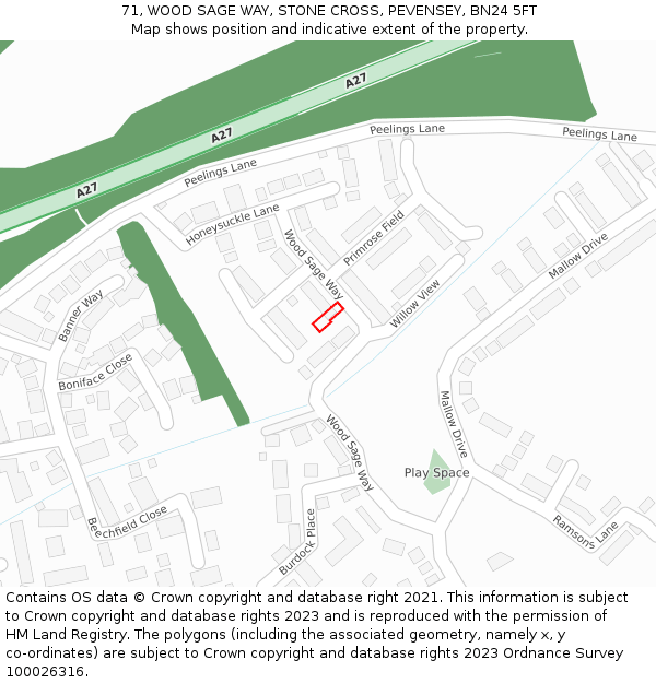 71, WOOD SAGE WAY, STONE CROSS, PEVENSEY, BN24 5FT: Location map and indicative extent of plot