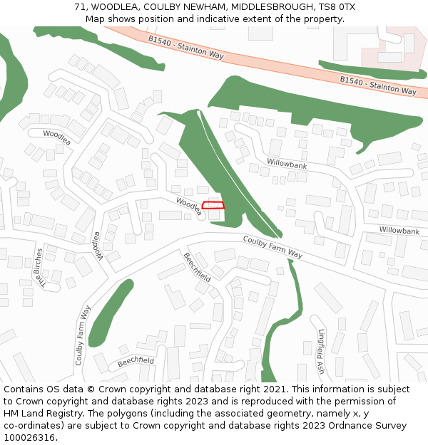 71, WOODLEA, COULBY NEWHAM, MIDDLESBROUGH, TS8 0TX: Location map and indicative extent of plot