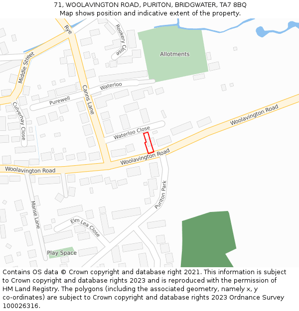 71, WOOLAVINGTON ROAD, PURITON, BRIDGWATER, TA7 8BQ: Location map and indicative extent of plot