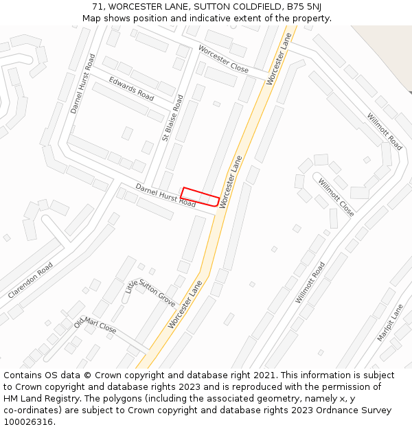 71, WORCESTER LANE, SUTTON COLDFIELD, B75 5NJ: Location map and indicative extent of plot