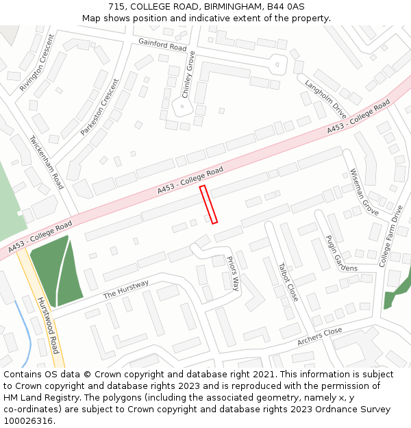 715, COLLEGE ROAD, BIRMINGHAM, B44 0AS: Location map and indicative extent of plot