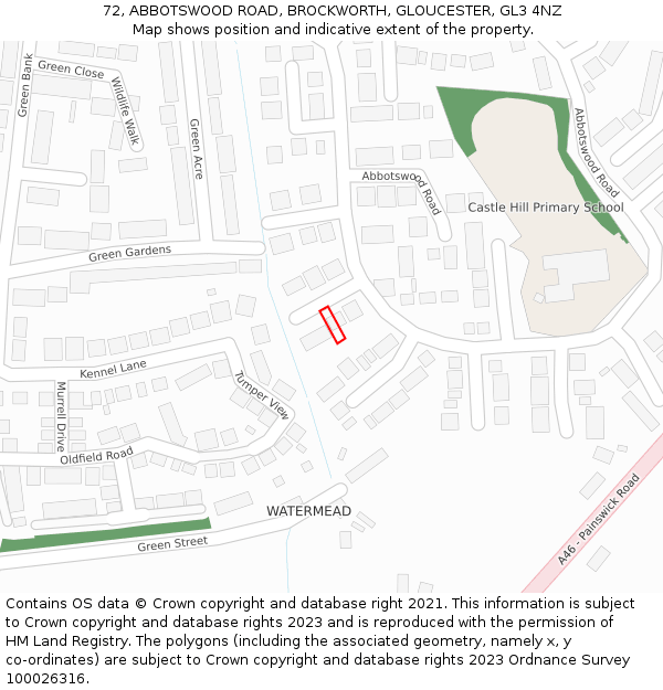 72, ABBOTSWOOD ROAD, BROCKWORTH, GLOUCESTER, GL3 4NZ: Location map and indicative extent of plot