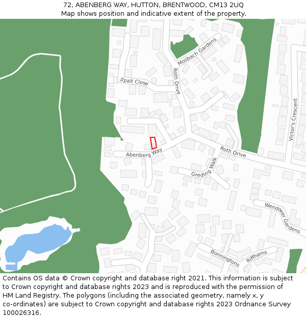 72, ABENBERG WAY, HUTTON, BRENTWOOD, CM13 2UQ: Location map and indicative extent of plot