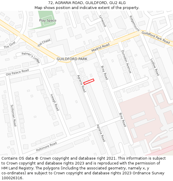 72, AGRARIA ROAD, GUILDFORD, GU2 4LG: Location map and indicative extent of plot