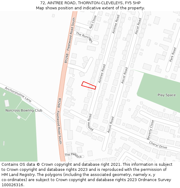 72, AINTREE ROAD, THORNTON-CLEVELEYS, FY5 5HP: Location map and indicative extent of plot