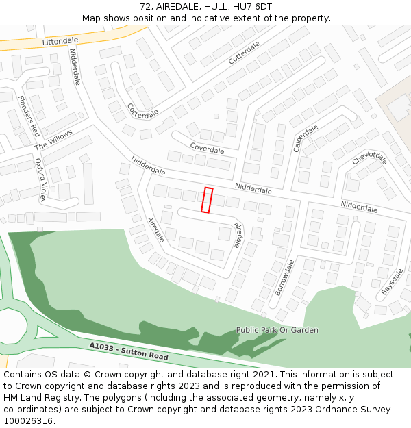 72, AIREDALE, HULL, HU7 6DT: Location map and indicative extent of plot