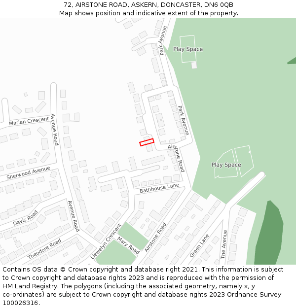 72, AIRSTONE ROAD, ASKERN, DONCASTER, DN6 0QB: Location map and indicative extent of plot