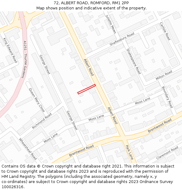 72, ALBERT ROAD, ROMFORD, RM1 2PP: Location map and indicative extent of plot