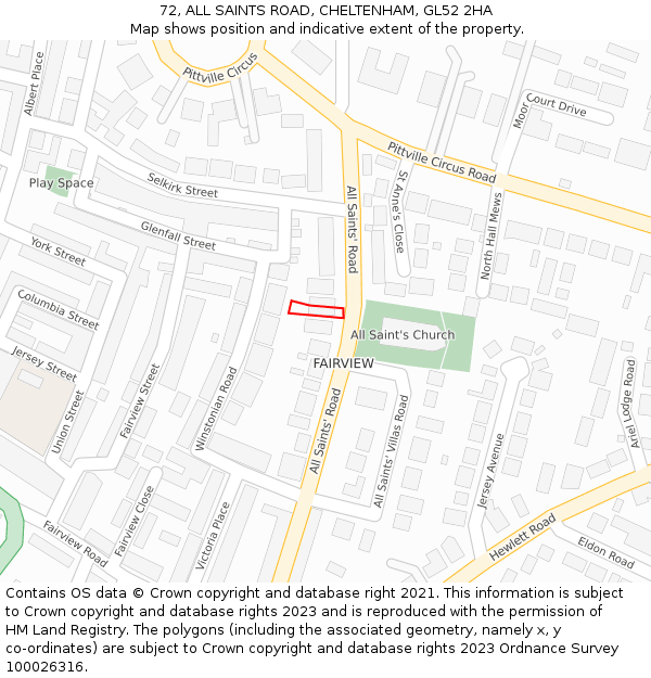 72, ALL SAINTS ROAD, CHELTENHAM, GL52 2HA: Location map and indicative extent of plot