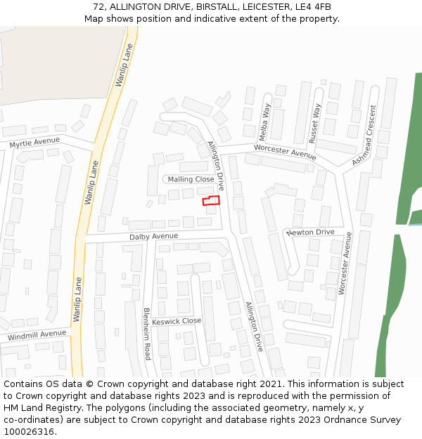 72, ALLINGTON DRIVE, BIRSTALL, LEICESTER, LE4 4FB: Location map and indicative extent of plot