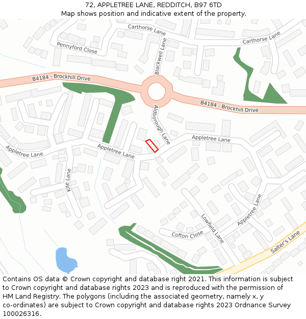 72, APPLETREE LANE, REDDITCH, B97 6TD: Location map and indicative extent of plot