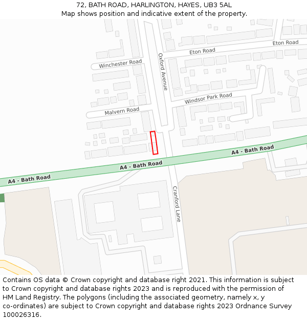 72, BATH ROAD, HARLINGTON, HAYES, UB3 5AL: Location map and indicative extent of plot