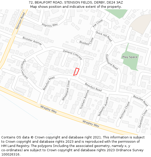 72, BEAUFORT ROAD, STENSON FIELDS, DERBY, DE24 3AZ: Location map and indicative extent of plot
