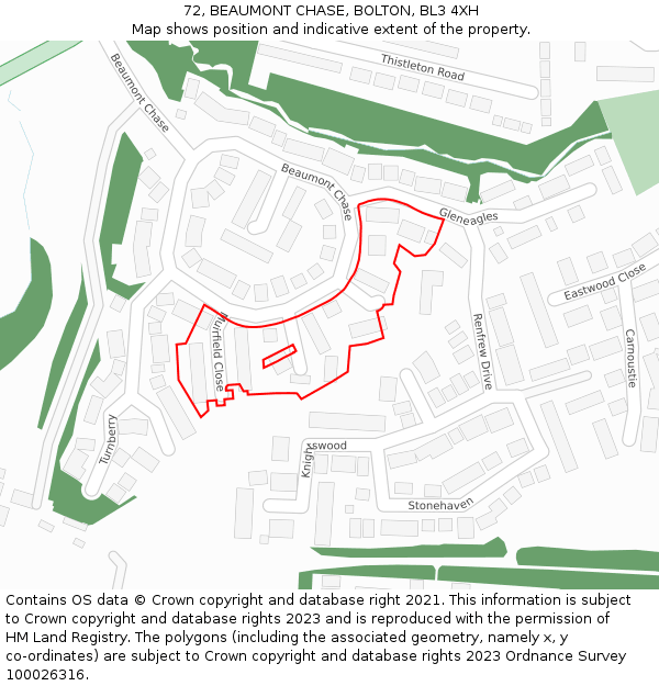 72, BEAUMONT CHASE, BOLTON, BL3 4XH: Location map and indicative extent of plot