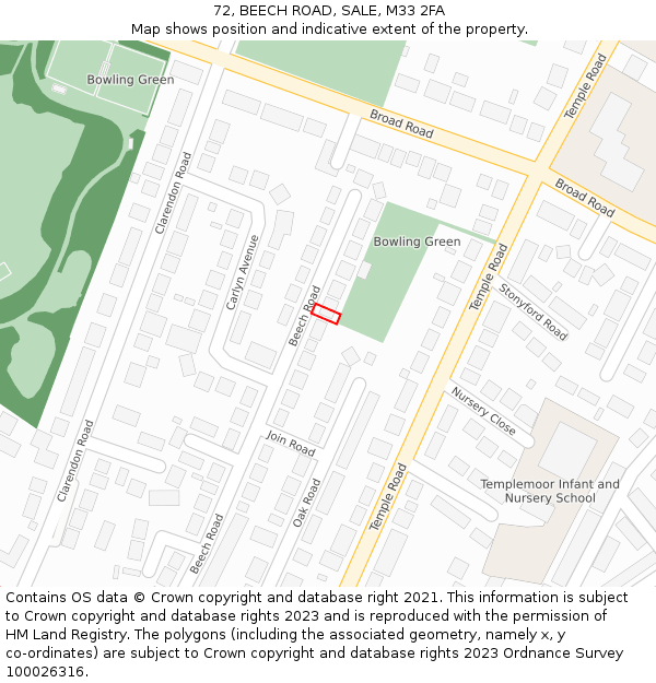 72, BEECH ROAD, SALE, M33 2FA: Location map and indicative extent of plot