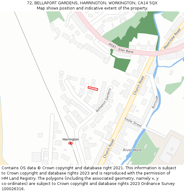 72, BELLAPORT GARDENS, HARRINGTON, WORKINGTON, CA14 5QX: Location map and indicative extent of plot