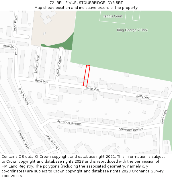 72, BELLE VUE, STOURBRIDGE, DY8 5BT: Location map and indicative extent of plot