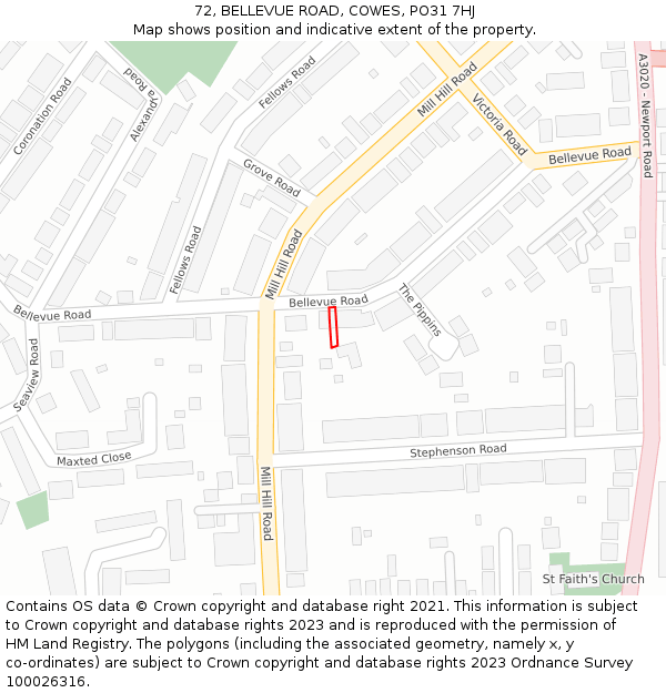 72, BELLEVUE ROAD, COWES, PO31 7HJ: Location map and indicative extent of plot